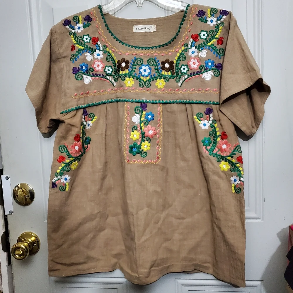 Embroidered Florals Khaki Short Sleeve Peasant top XL NWOT Bohemian YZXDORWJ - Picture 2 of 7